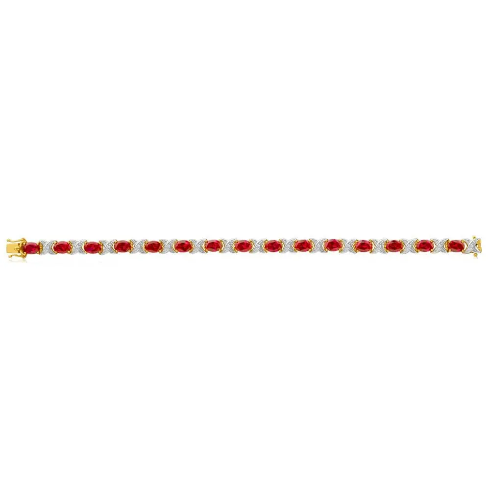 9ct Yellow Gold Created Ruby + Diamond 19CM Bracelet