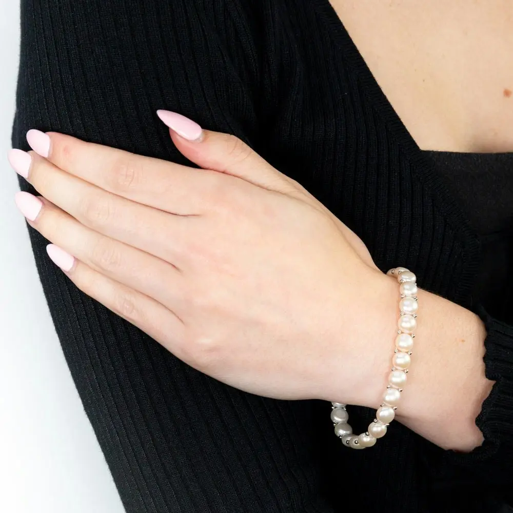 White Freshwater Flat Pearl Stretch Bracelet with Sterling Silver Beads