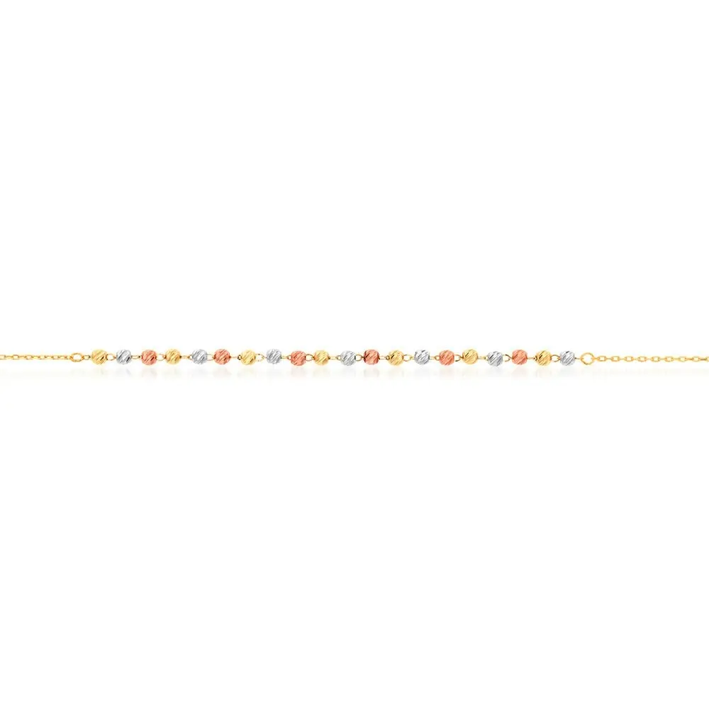 9ct 3-Tone Yellow White Rose Gold Beaded 27cm Anklet