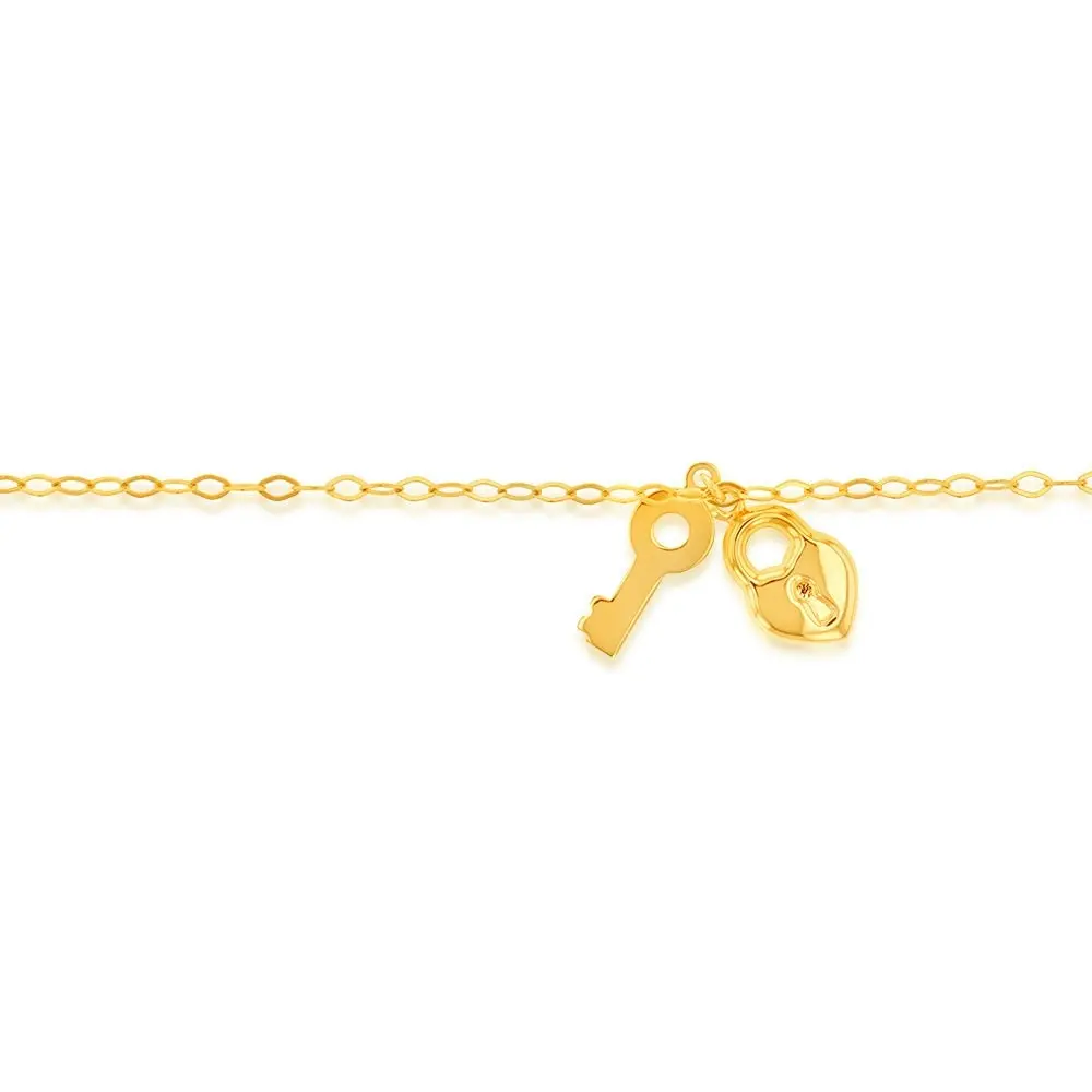 9ct Yellow Gold Lock And Key 24.8cm Anklet