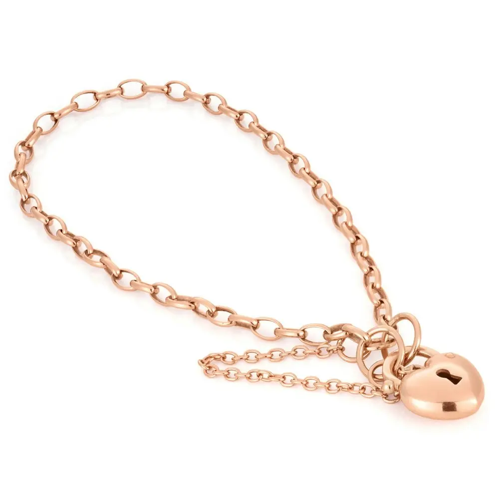 Silverfilled 9ct Rose Gold Heart Padlock 19cm Bracelet