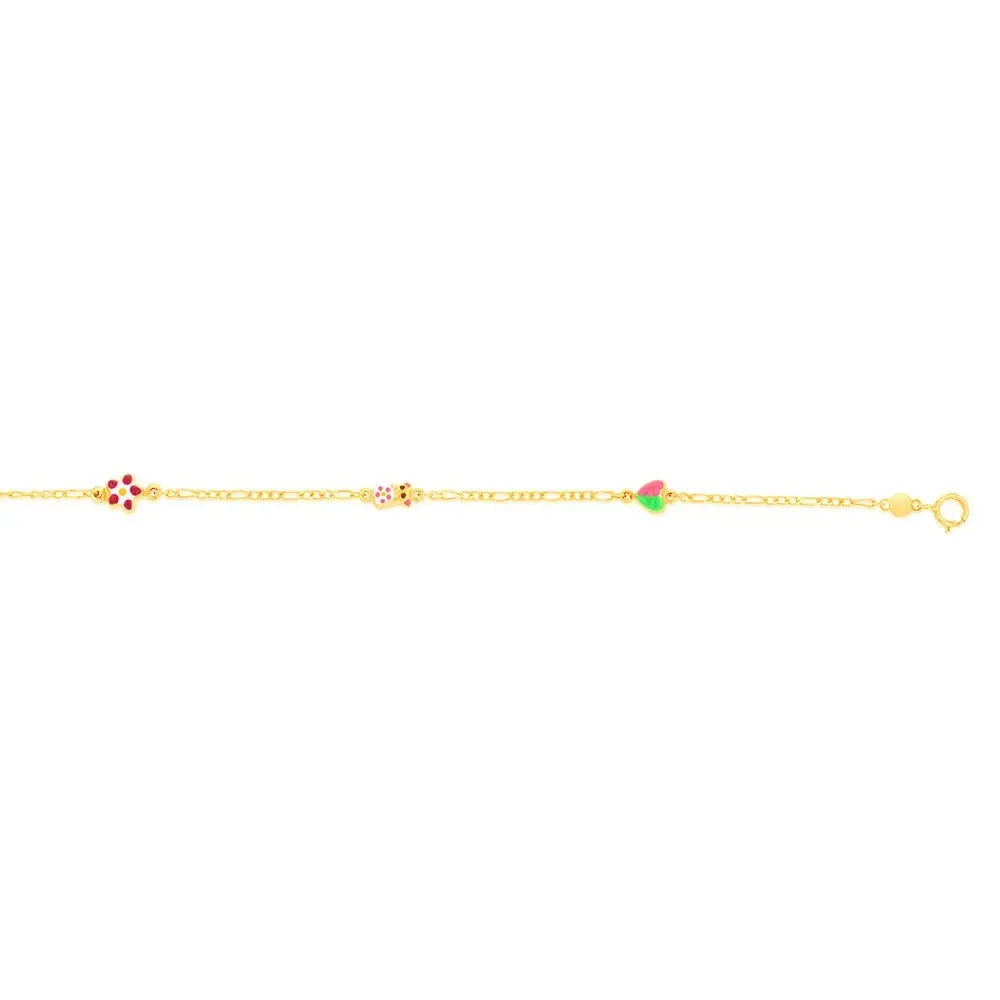 9ct Yellow Gold Figaro 1:3 Heart Kids Beads 15cm Bracelet