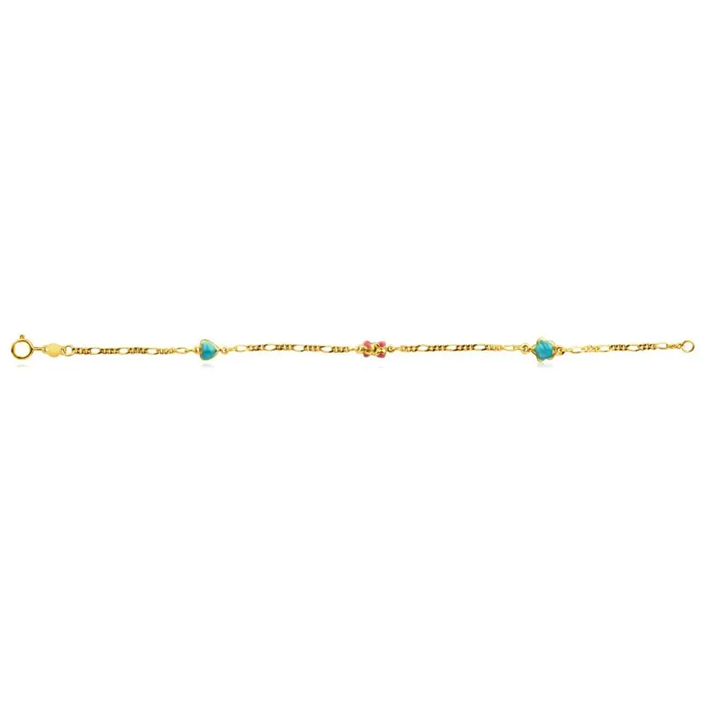 9ct Yellow Gold Figaro 1:3 Heart Kids Beads 15cm Bracelet