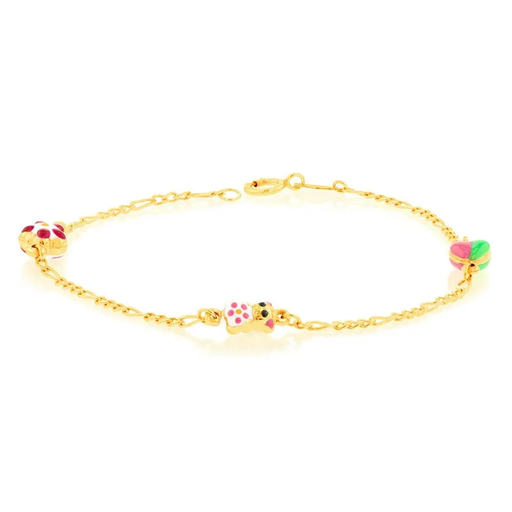 9ct Yellow Gold Figaro 1:3 Heart Kids Beads 15cm Bracelet