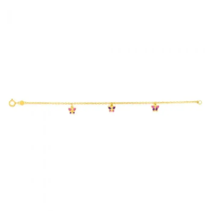 9ct Yellow Gold Pink and Purple Enamel Butterfly Baby 14cm Bracelet