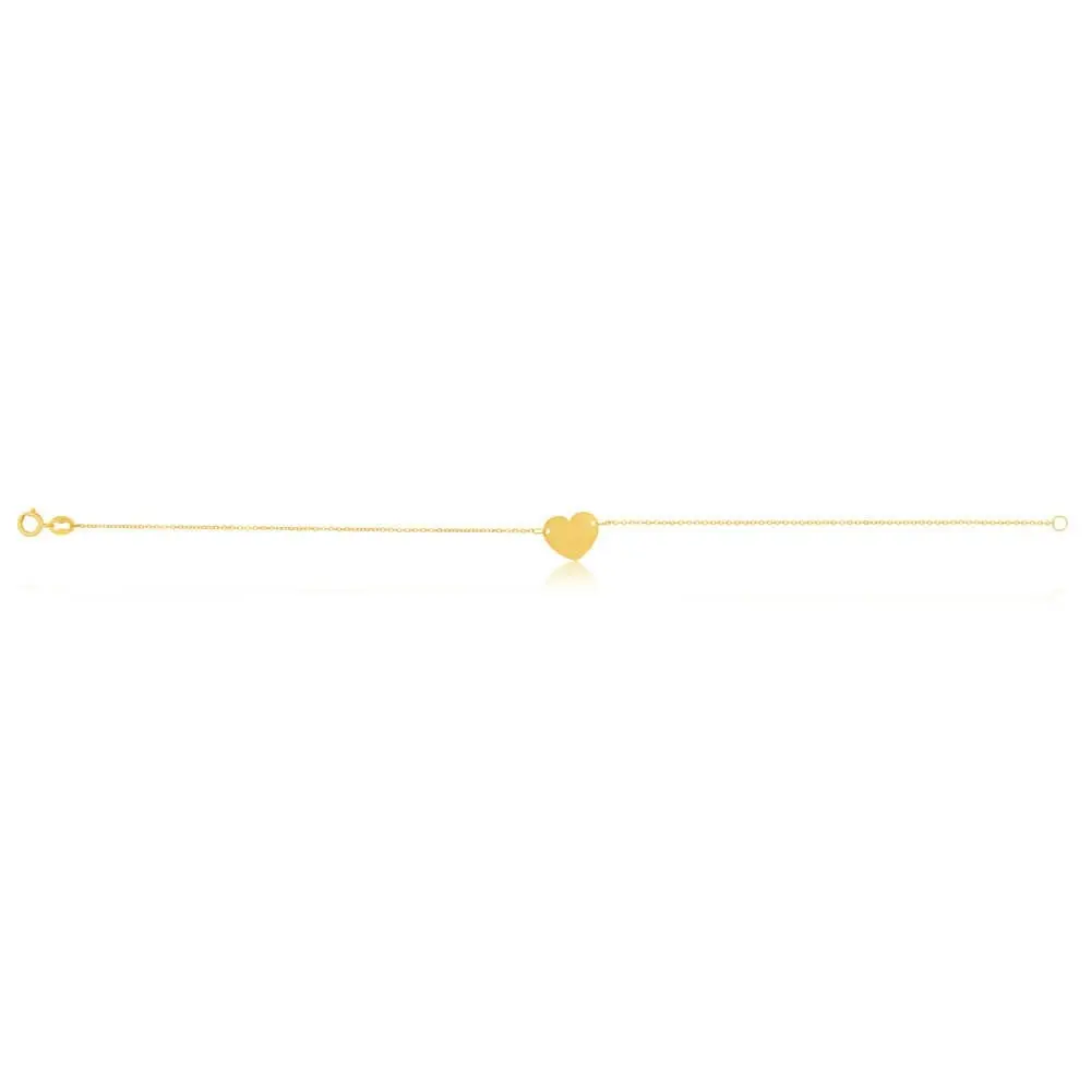 9ct Yellow Gold Plain Flat Heart Charm on 18cm Bracelet