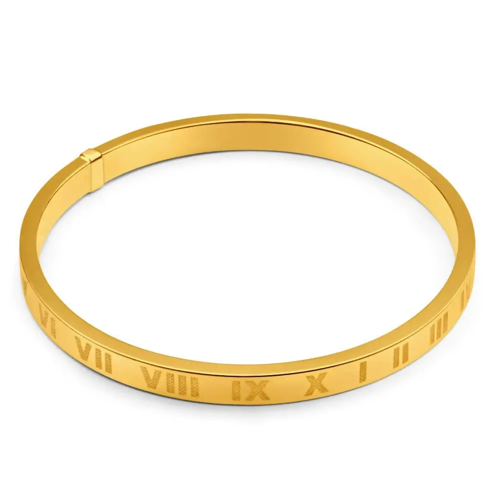 9ct Yellow Gold Silver with Roman Numeral Filled Bangle 65mm wide