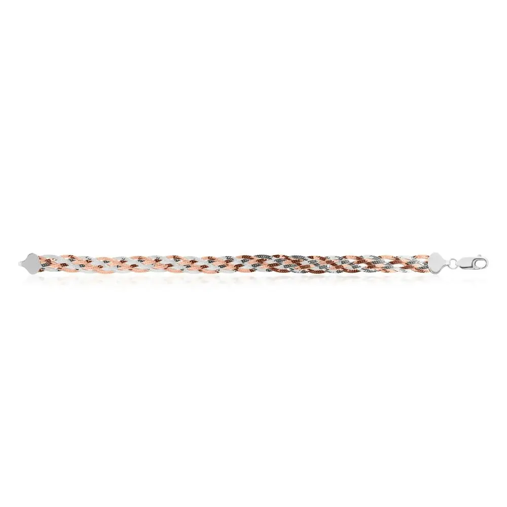 Sterling Silver and Rose Plated 19cm Multi Strand Plait Bracelet