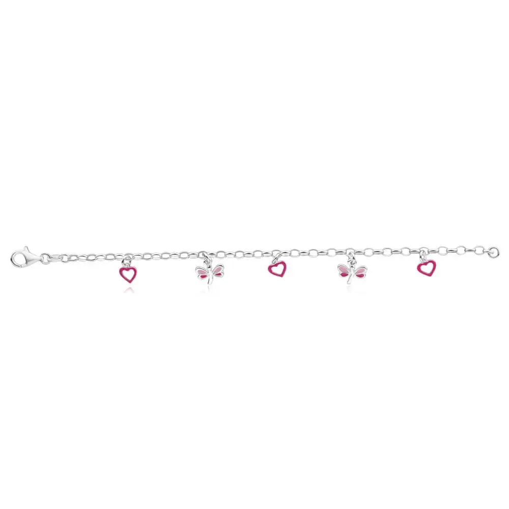 Sterling Silver Heart and Dragonfly Pink Enamel 16cm Bracelet