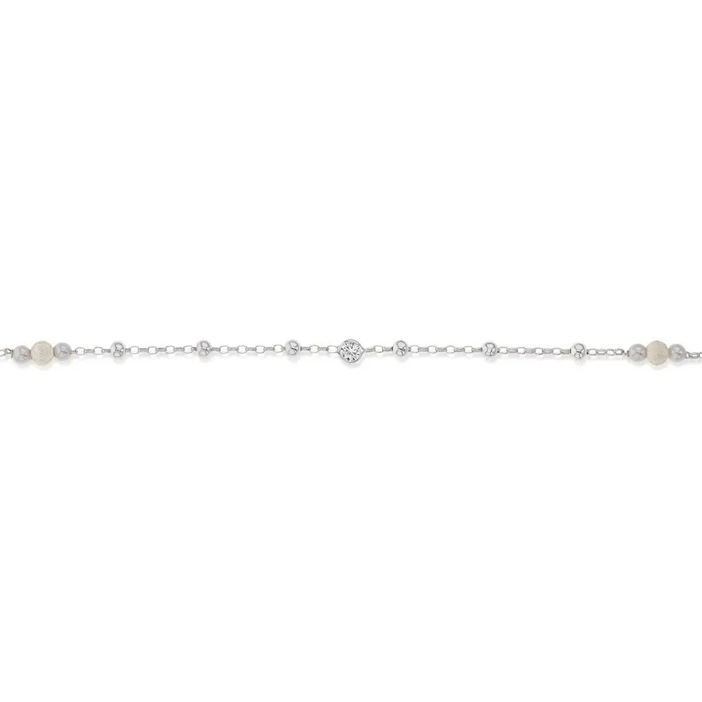 Sterling Silver Zirconia and Plain and Stardust Ball 26cm Anklet