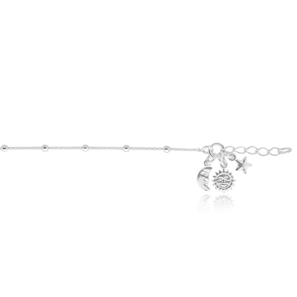 Sterling Silver 25cm Sun Moon and Star Charm Anklet