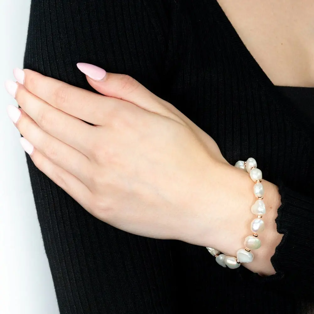 Freshwater Pearl and Rose Tone Hematite Stretch Bracelet