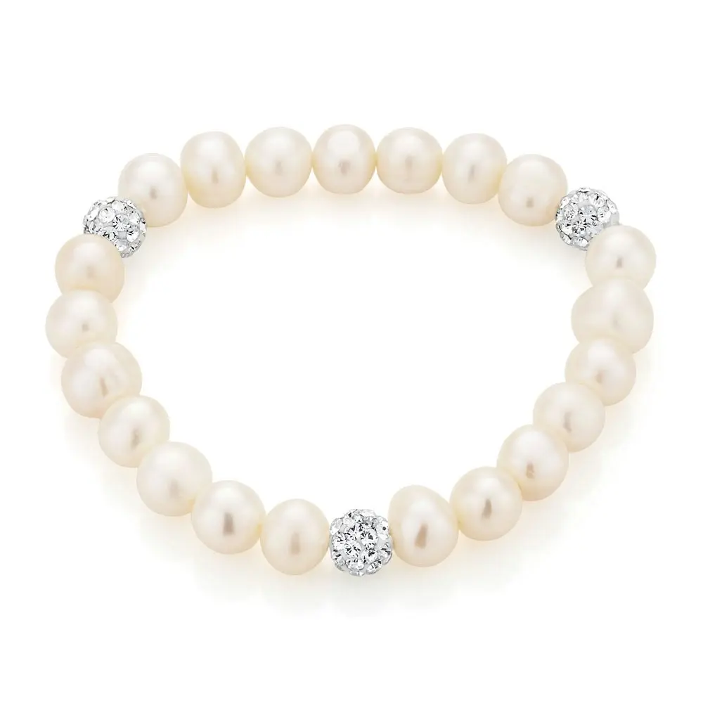 White 7.5-8mm Freshwater Pearl and Crystal Bracelet