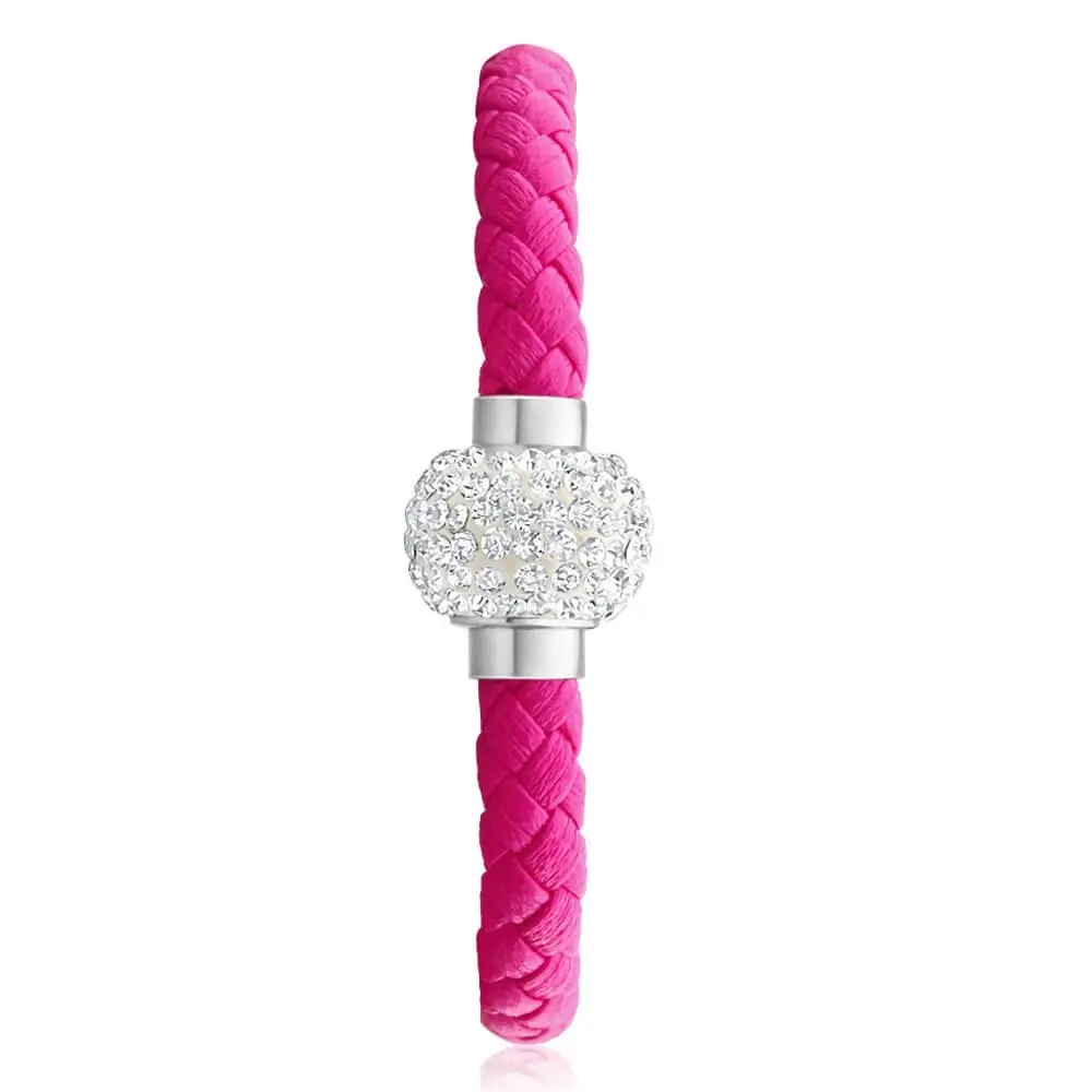 Stainless Steel Crystal Magnetic Pink Leather Fancy Bracelet