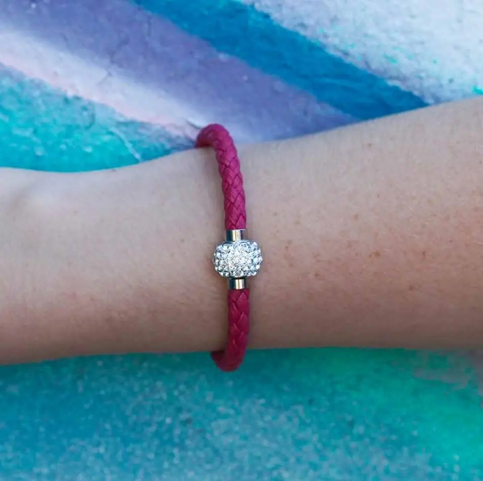 Stainless Steel Crystal Magnetic Pink Leather Fancy Bracelet