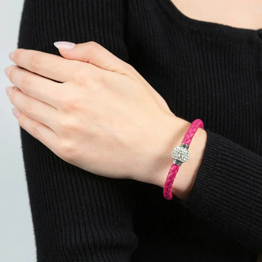 Stainless Steel Crystal Magnetic Pink Leather Fancy Bracelet