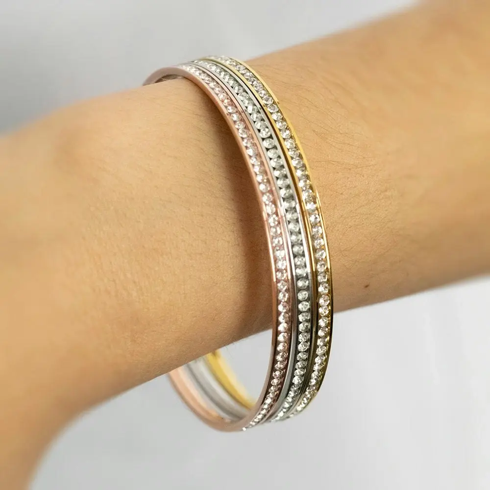 Stainless Steel Rose Gold Plated Crystal 3mmx65mm Bangle