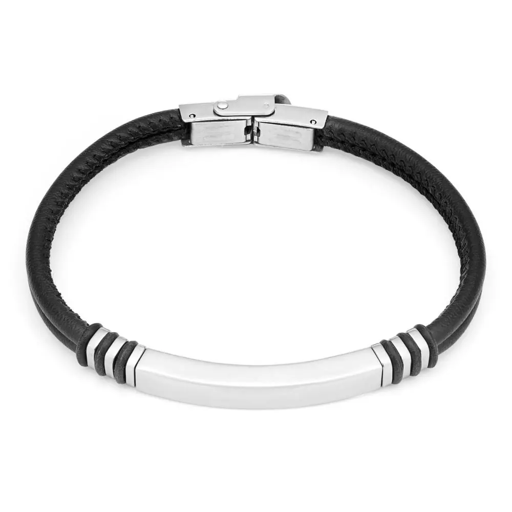 Stainless Steel Black Leather 21cm Bracelet