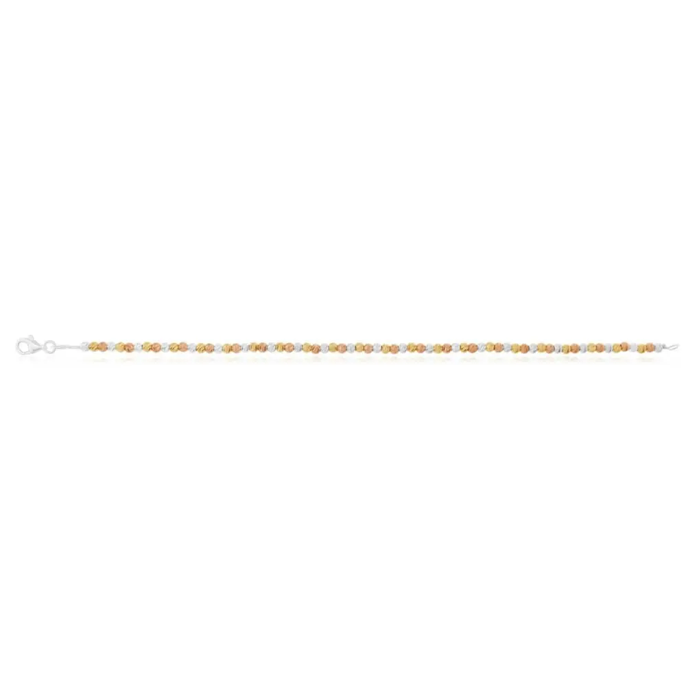 Sterling Silver Gold and Rose Gold Plated Three Tone 19cm Diamond Cut Ball Bracelet