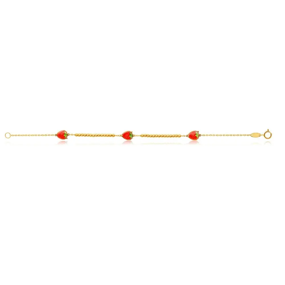 9ct Yellow Gold 16cm Bracelet with 3 Red Strawberries