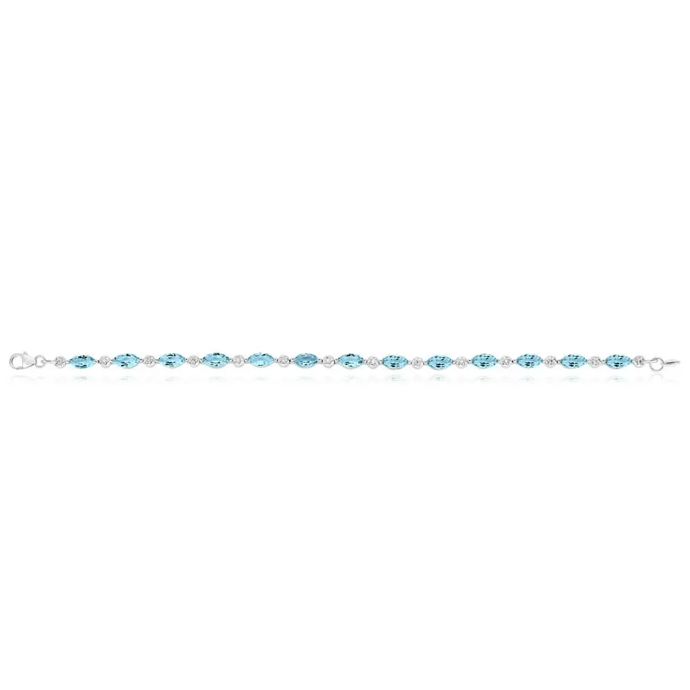 9ct Marquise Cut Sky Blue Topaz and Diamond 19cm Bracelet in White Gold