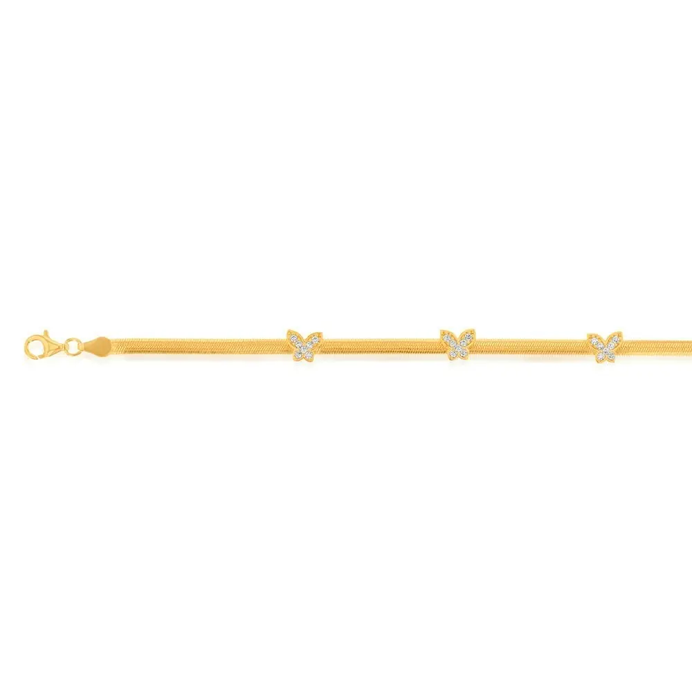 Yellow Gold Plated Sterling Silver Cubic Zirconia On Butterfly 19cm Bracelet