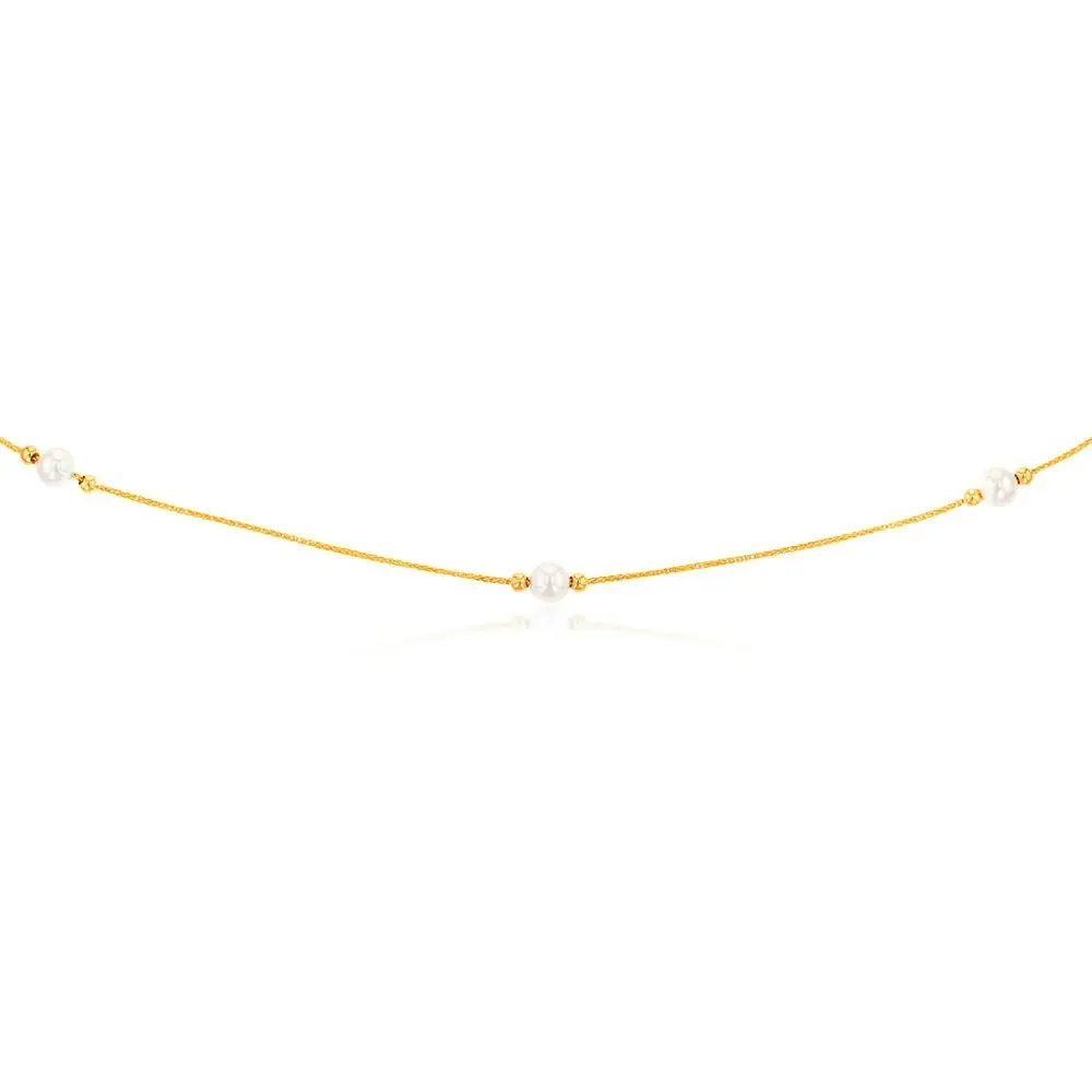 9ct Yellow Gold Silverfilled White Bead On 25 Gauge Wheat 60cm Chain