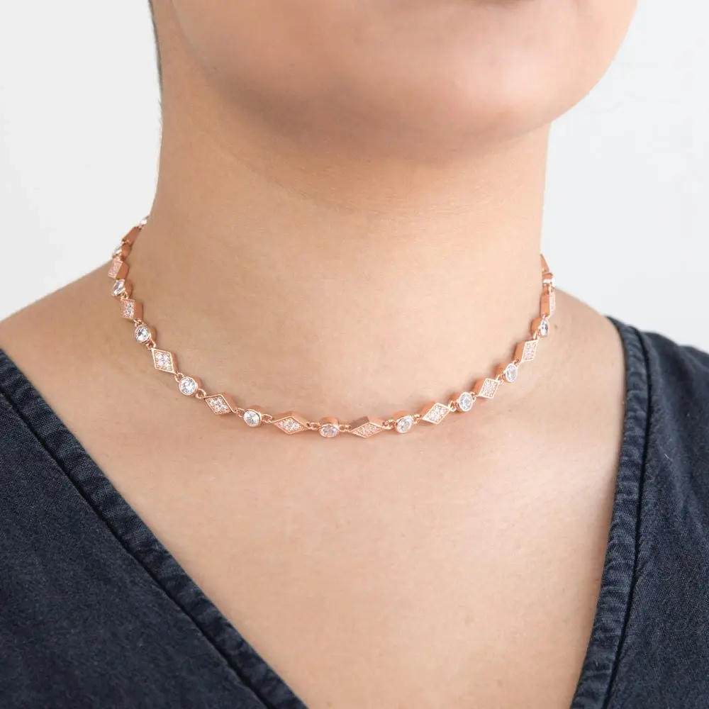 Rose Gold Plated Cubic Zirconia Fancy Choker Chain