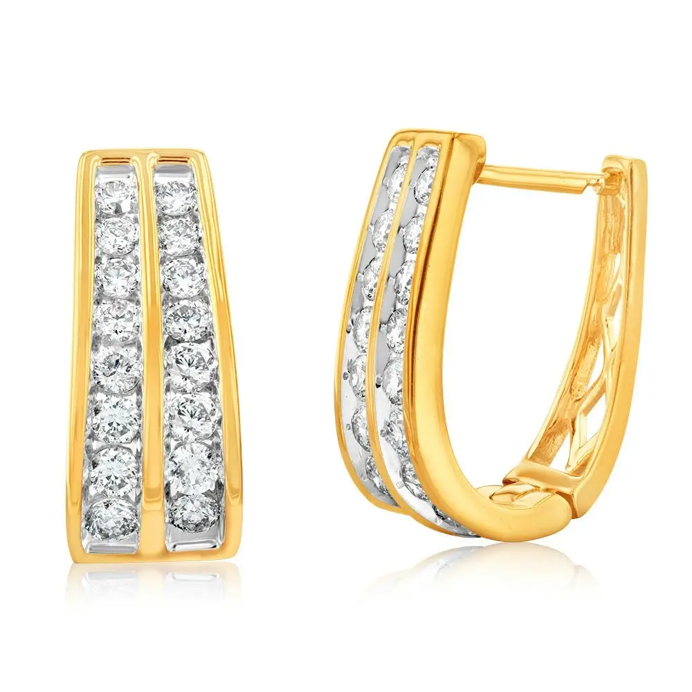 9ct Yellow Gold 1 Carat Diamond Double Row Hoop Earrings