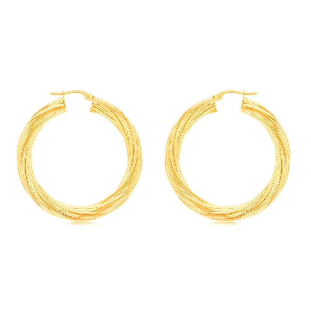 9ct Yellow Gold Twisted Striped 30MM Hoop Earrings 9Y