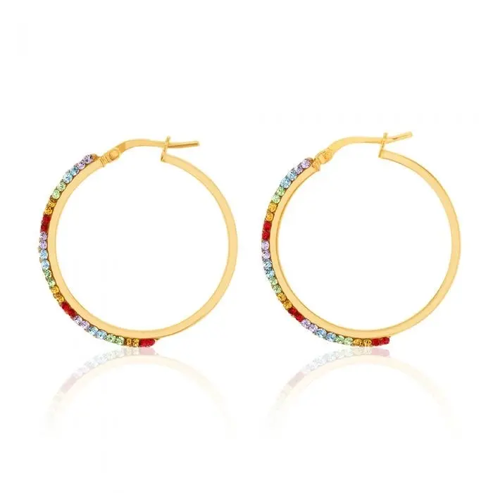 9ct Silverfilled Yellow Gold Rainbow Multi-Colour Crystals 25mm Hoop Earrings