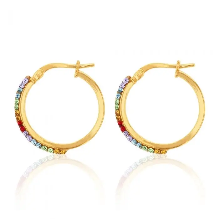 9ct Silverfilled Yellow Gold Rainbow Multi Colour Crystal 15mm Hoop Earrings