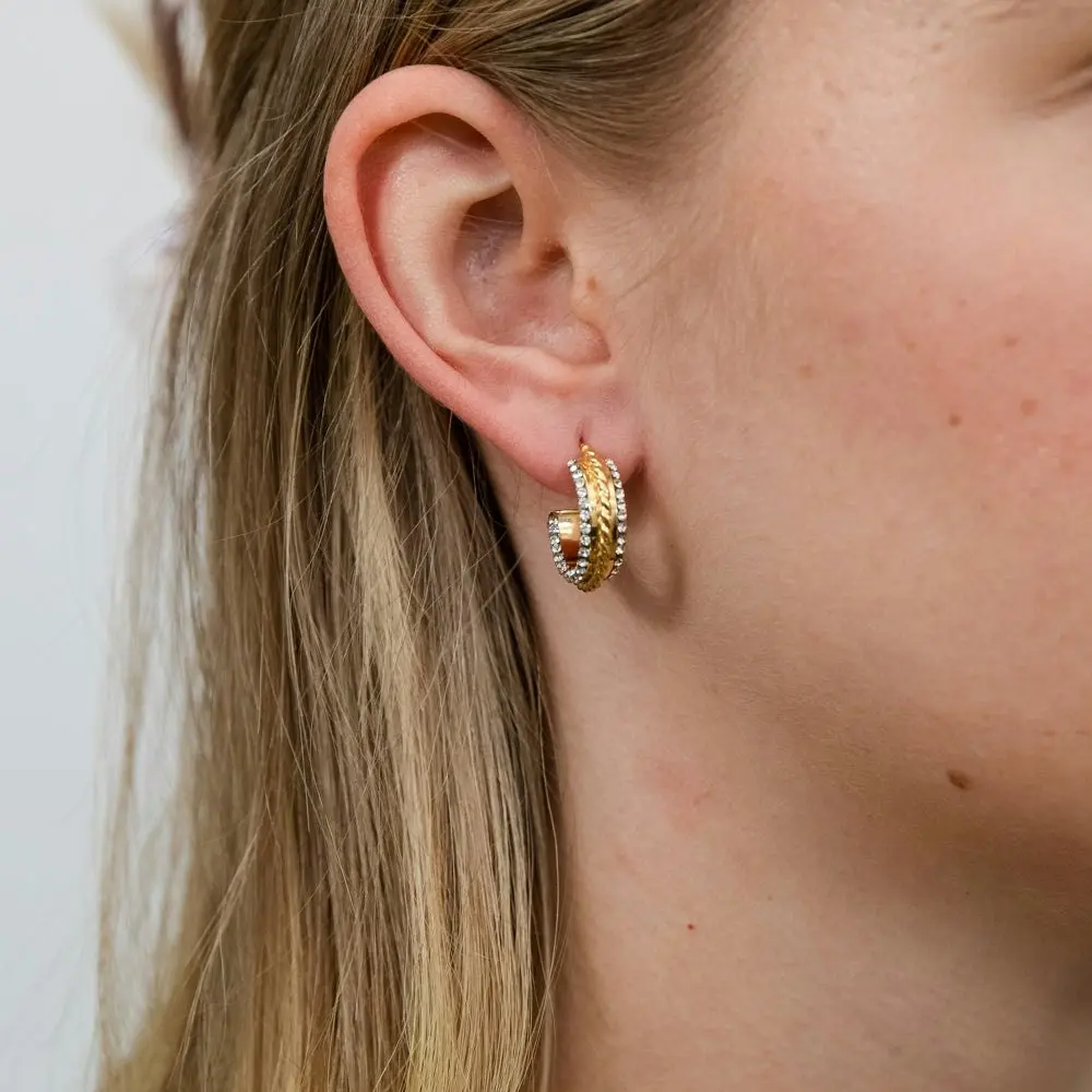 9ct Yellow Gold Silverfilled Crystals on Edges of Half Hoop Earrings