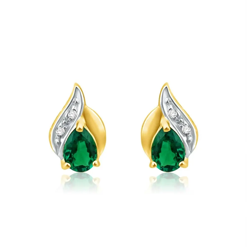 9ct Alluring Yellow Gold Created Emerald + Diamond Stud Earrings