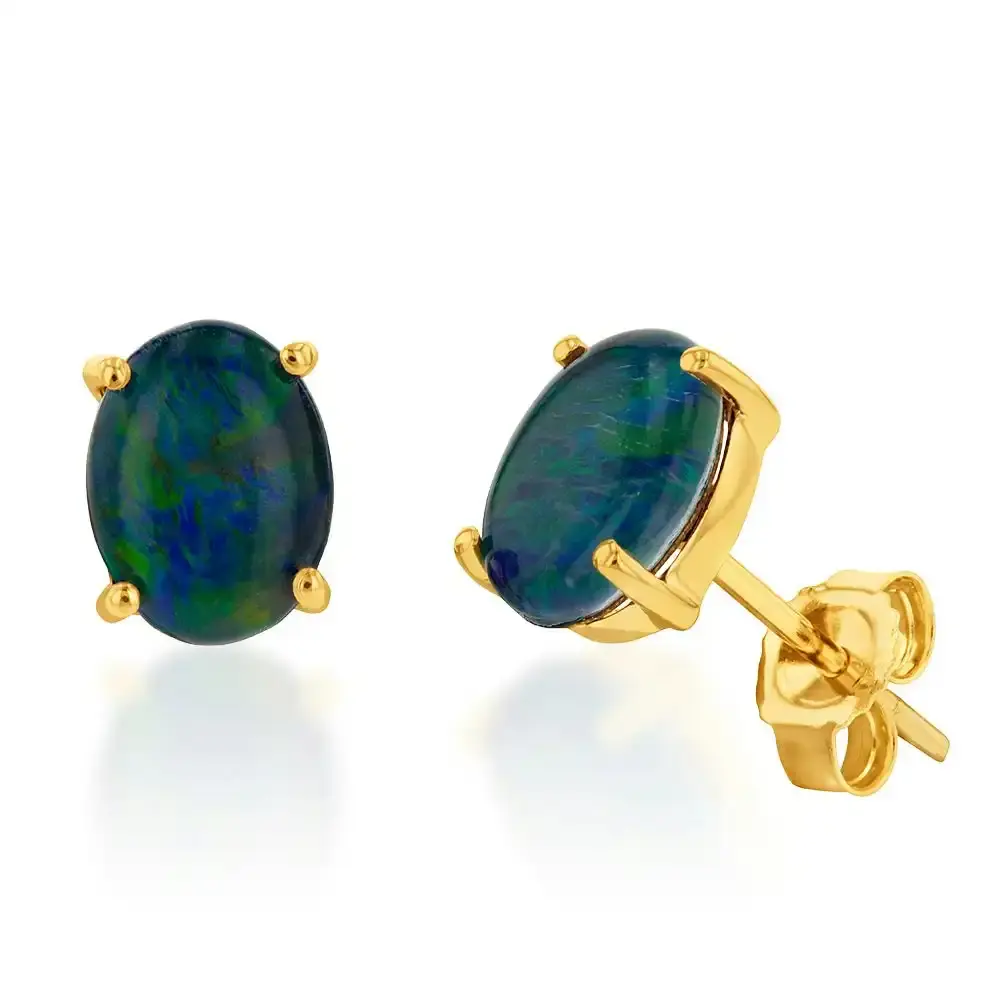 9ct Yellow Gold 8x6mm Triplet Opal Studs