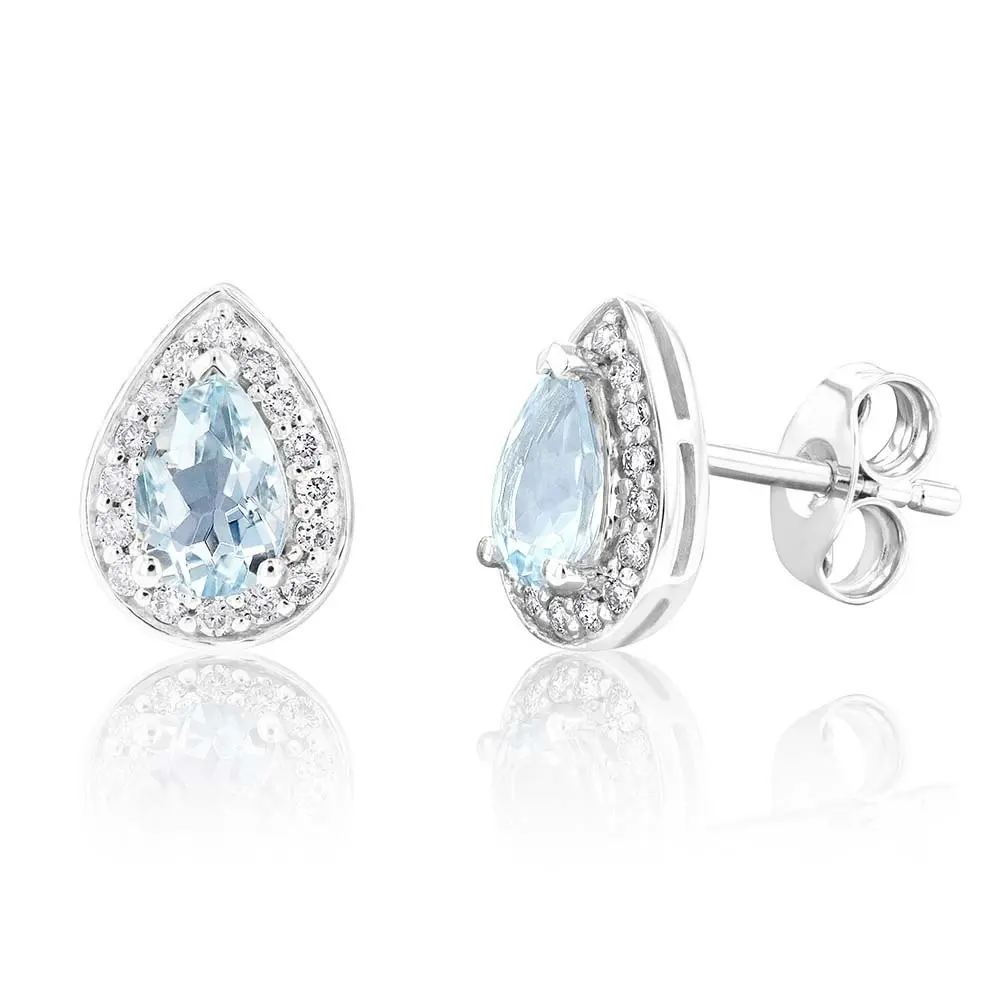 9ct White Gold 1/3ct Aquamarine and 0.15 Carat Diamond Pear Halo Stud Earrings