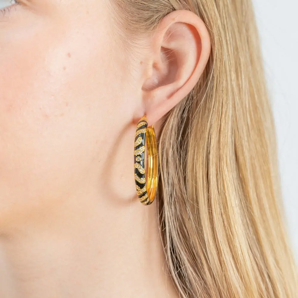 Gold Plated Cubic Zirconia and Black Enamel Hoop Earrings