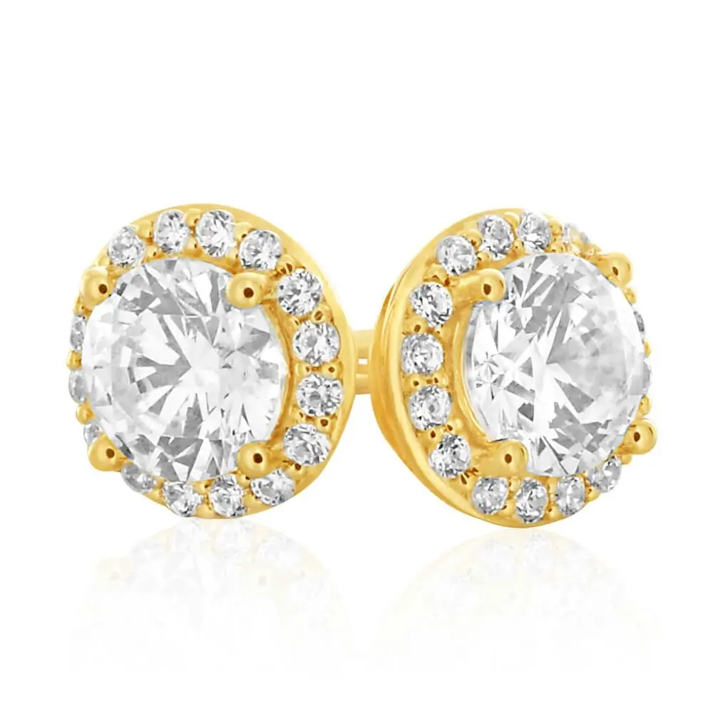 9ct Yellow Gold Cubic Zirconia Halo Stud Earrings