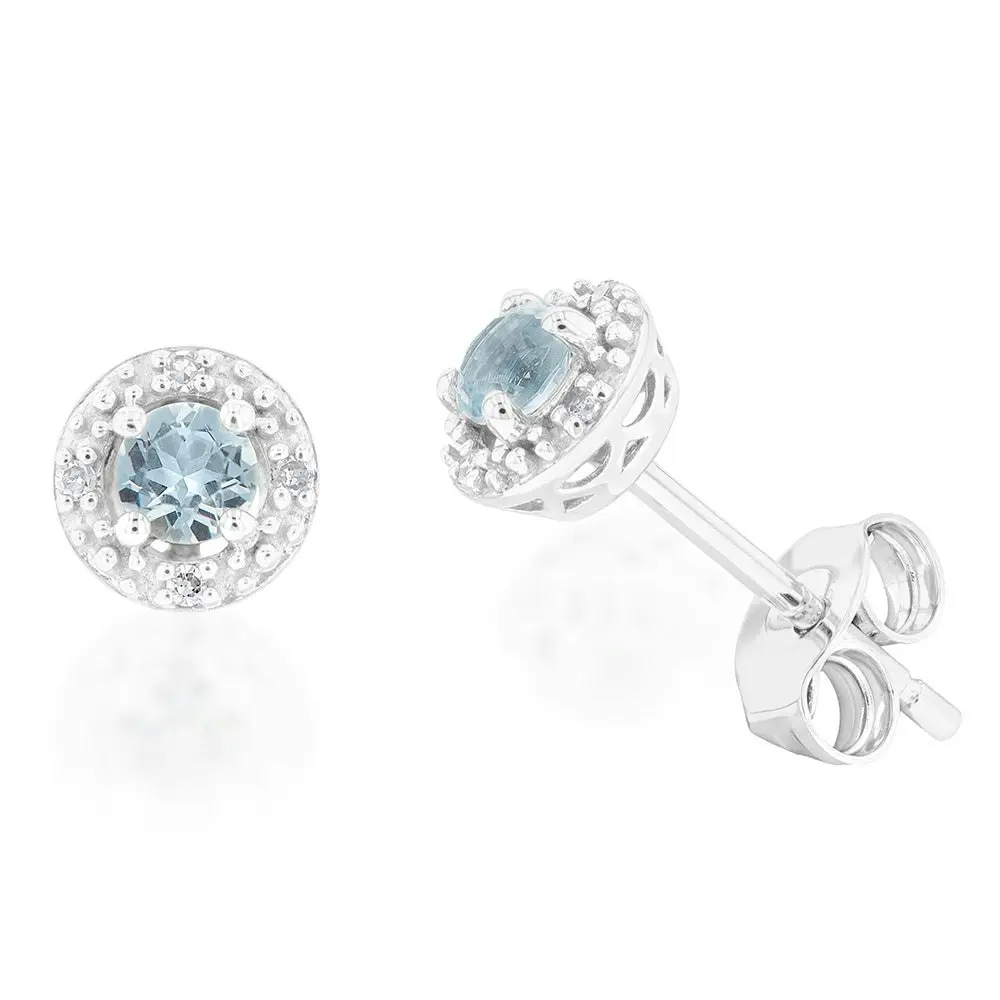 9ct White Gold Aquamarine and Diamond Halo Stud Earrings