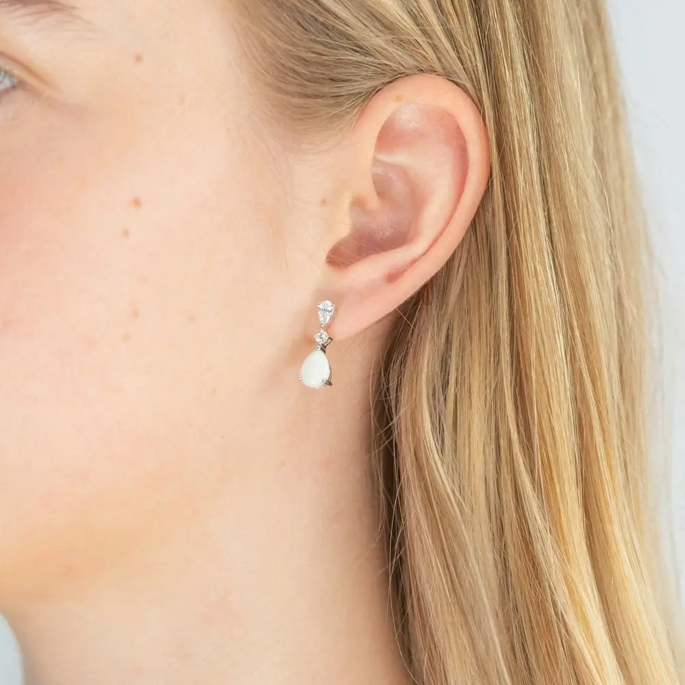 Natural White Opal and Zirconia Earrings in 9ct White Gold