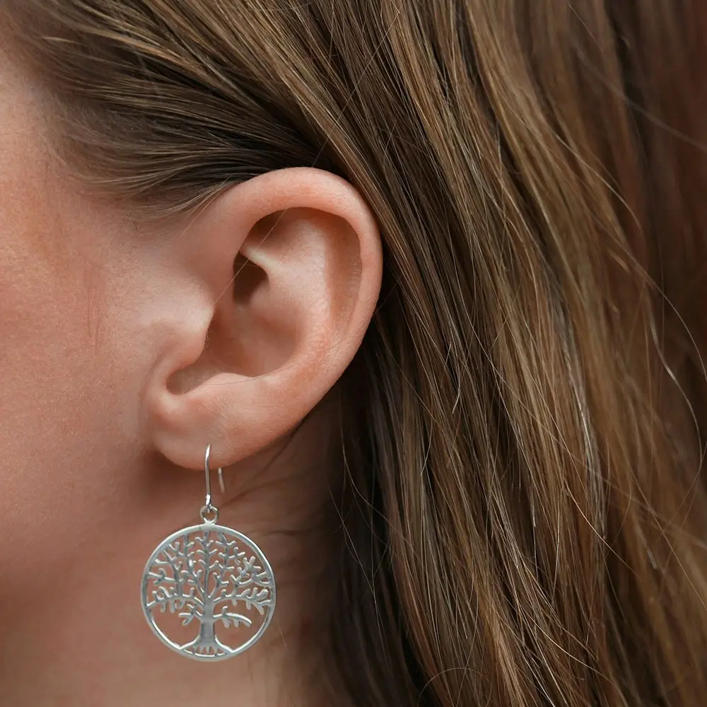 Sterling Silver Tree of Life in Circle Drop Earrings