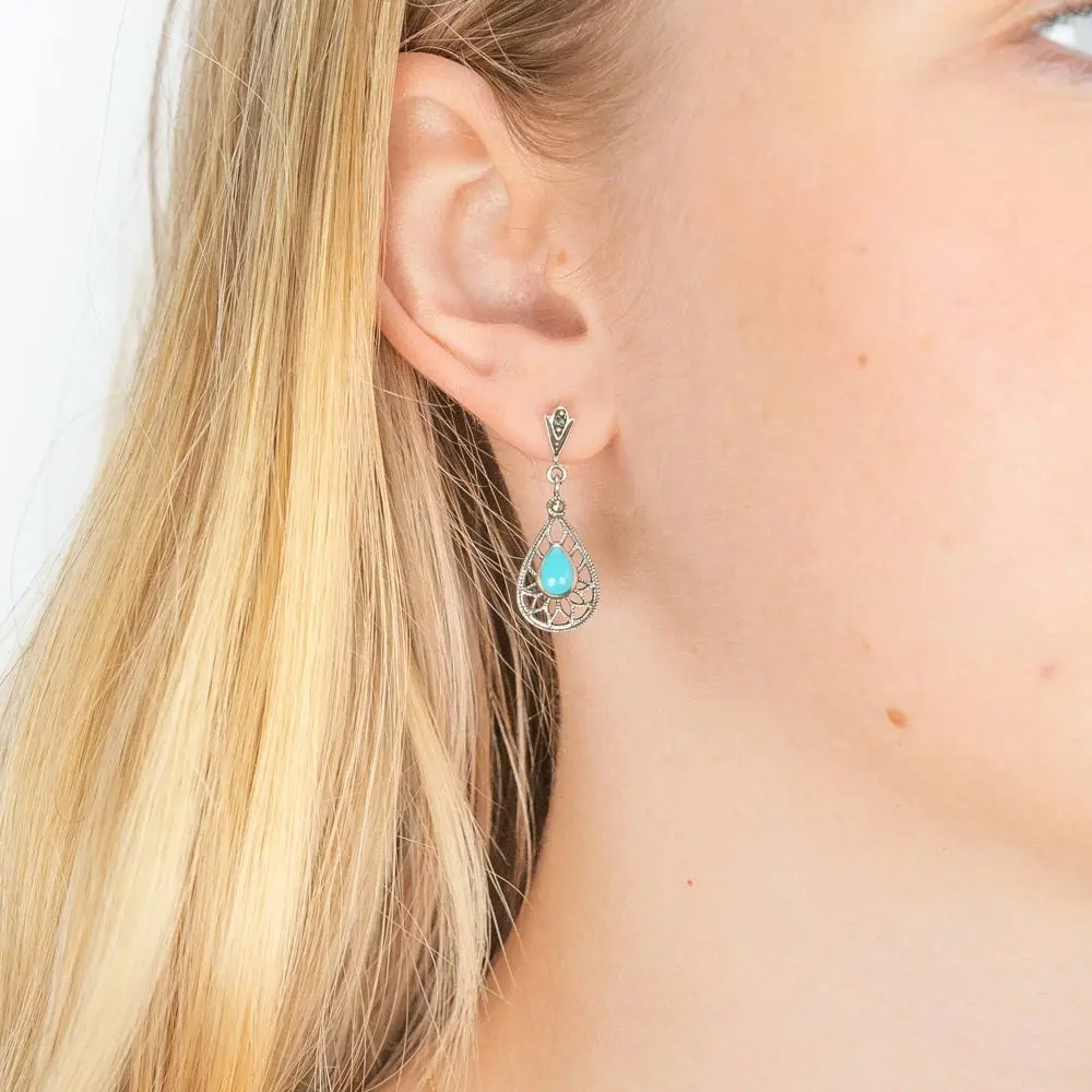 Sterling Silver Created Turquoise Classic Drop Earrings