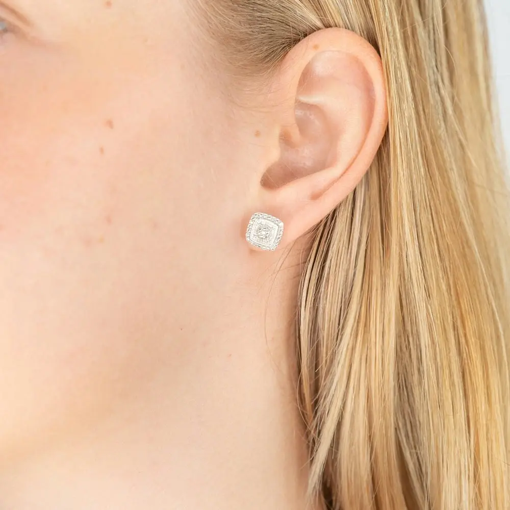 Sterling Silver With 2 Diamond Cushion Shape Earring Stud