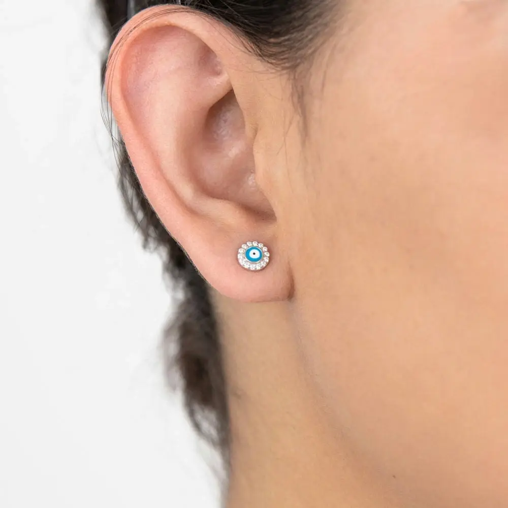 Sterling Silver Cubic Zirconia Evil Eye In Circle Stud Earrings