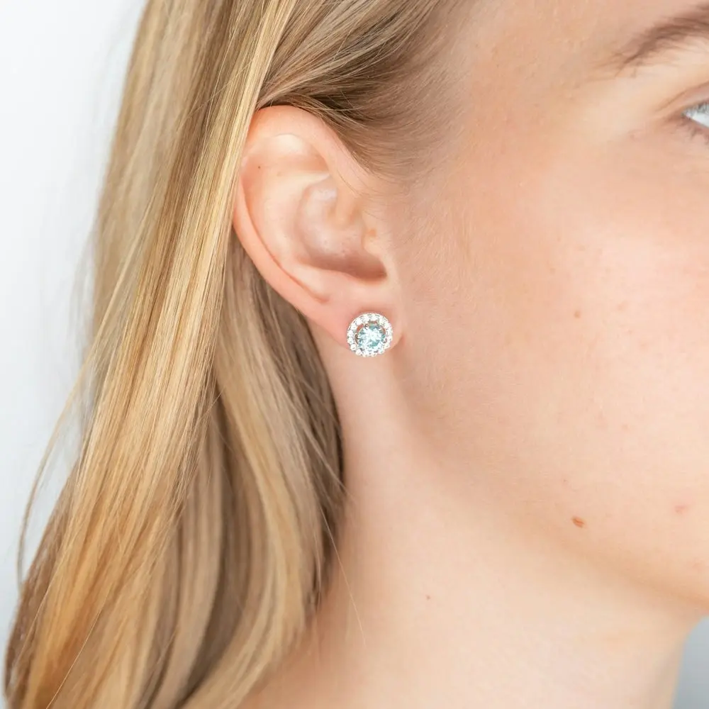 Sterling Silver Aqua Cubic Zirconia + White Cubic Zirconia Stud Earrings