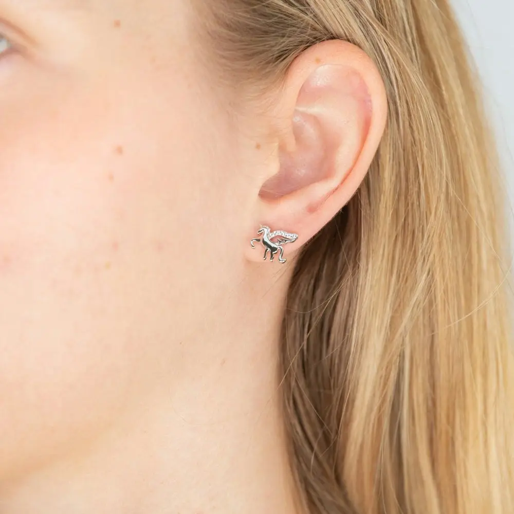 Sterling Silver Zirconia Unicorn Stud Earrings