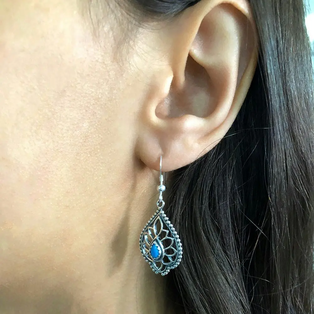 Sterling Silver Created Turquoise Fancy Drop Earrings