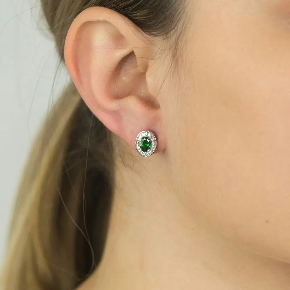 Sterling Silver Created Emerald and Zirconia Oval Halo Studs