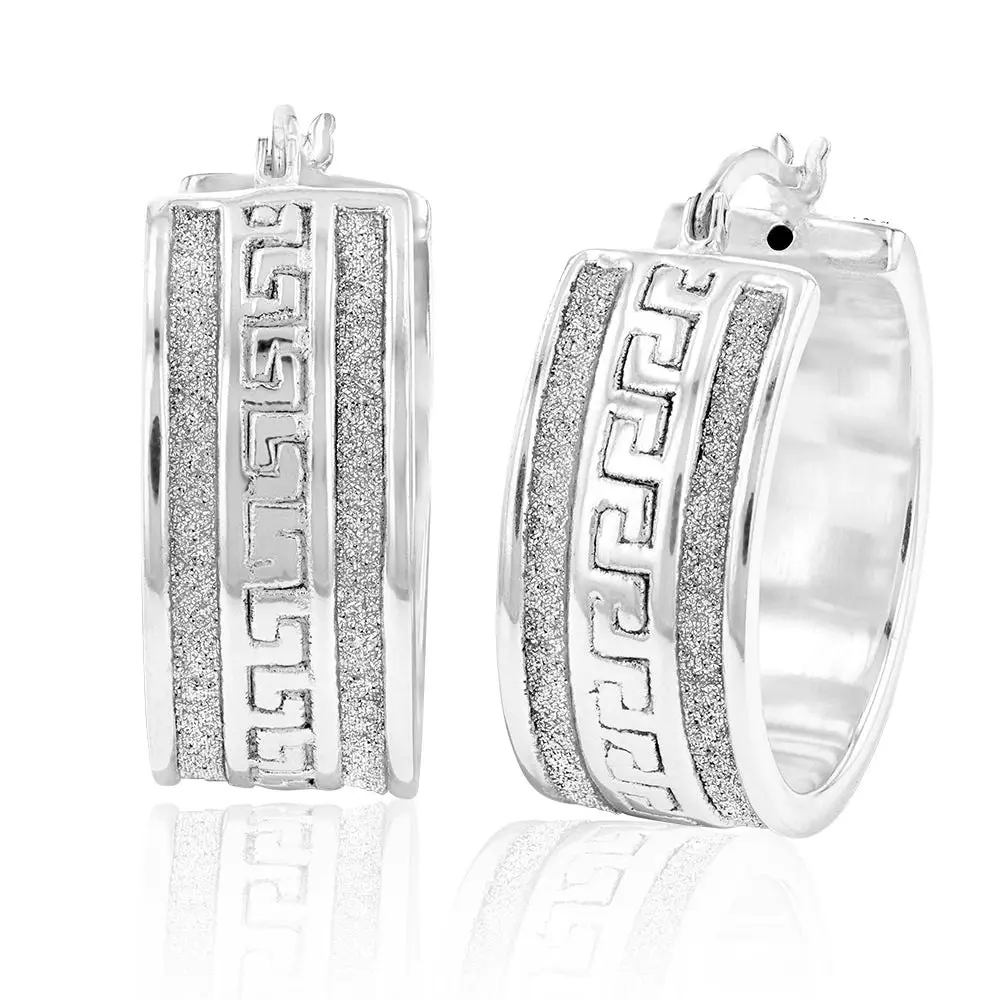 Sterling Silver 20mm Stardust Greek Key Hoops