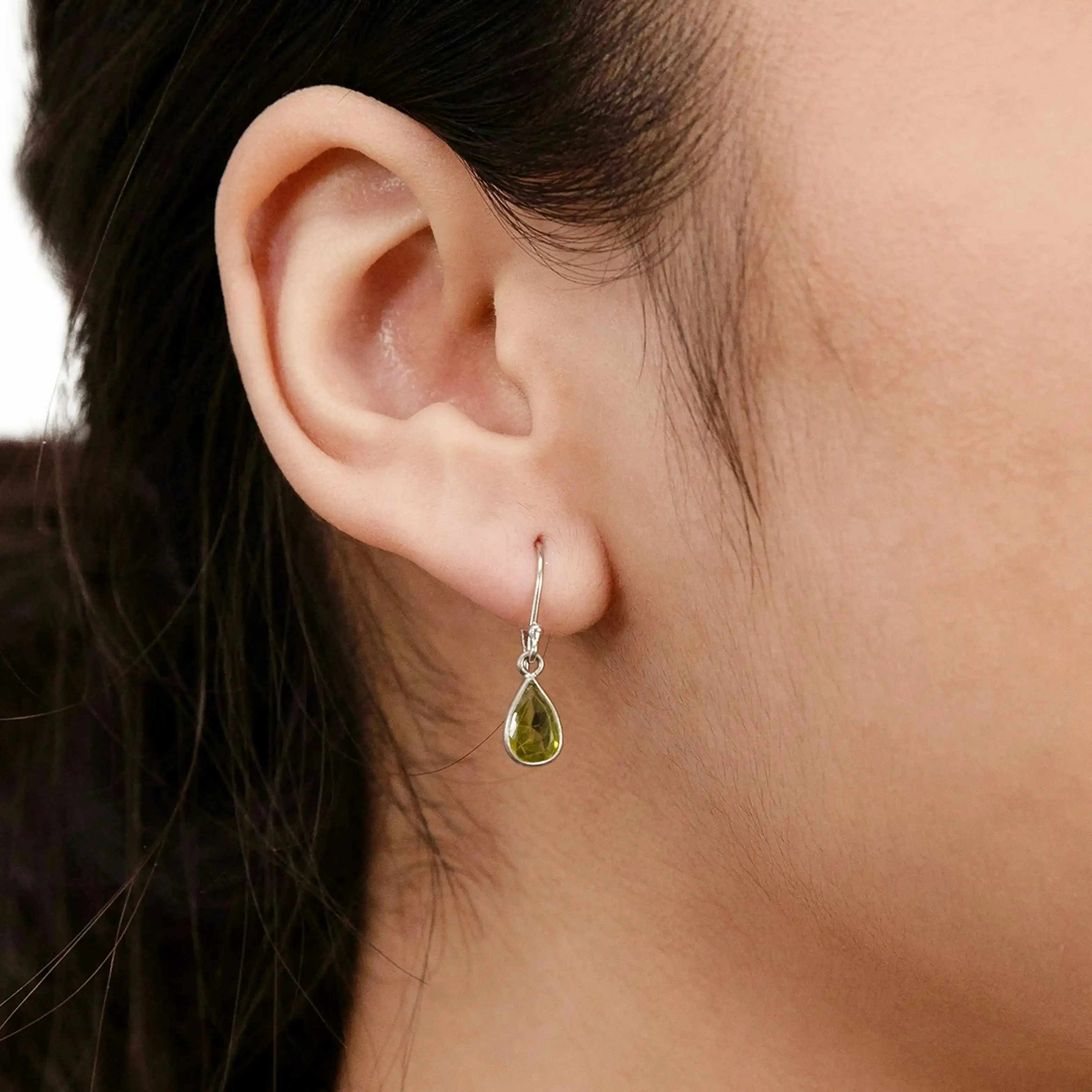 Sterling Silver Peridot Pear Hook Drop Earrings